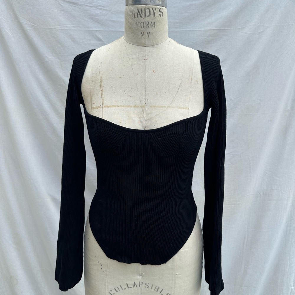 Elegant Rib Knit Black Long Sleeve Top